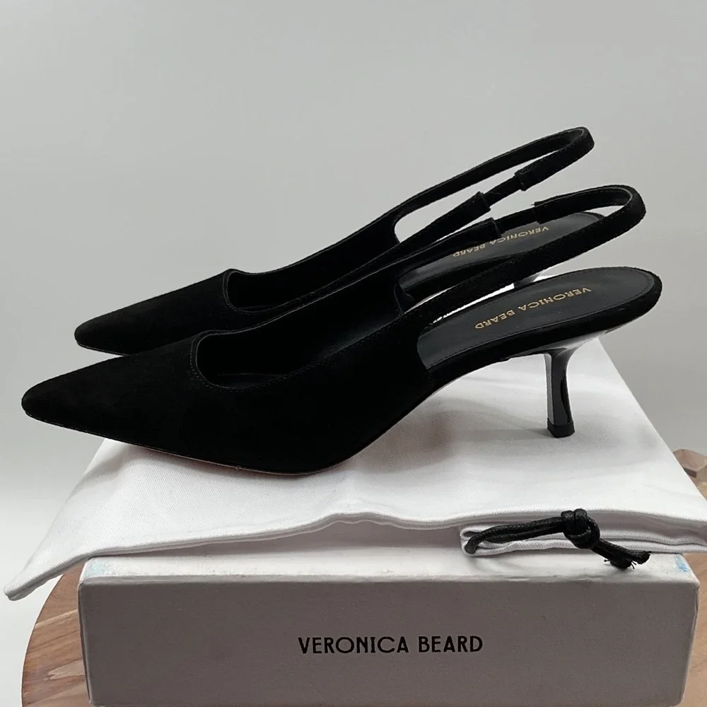 Veronica Beard Cashel Black Suede Pointed Toe Slingback Kitten Heel Pumps 8M - Picture 9 of 15